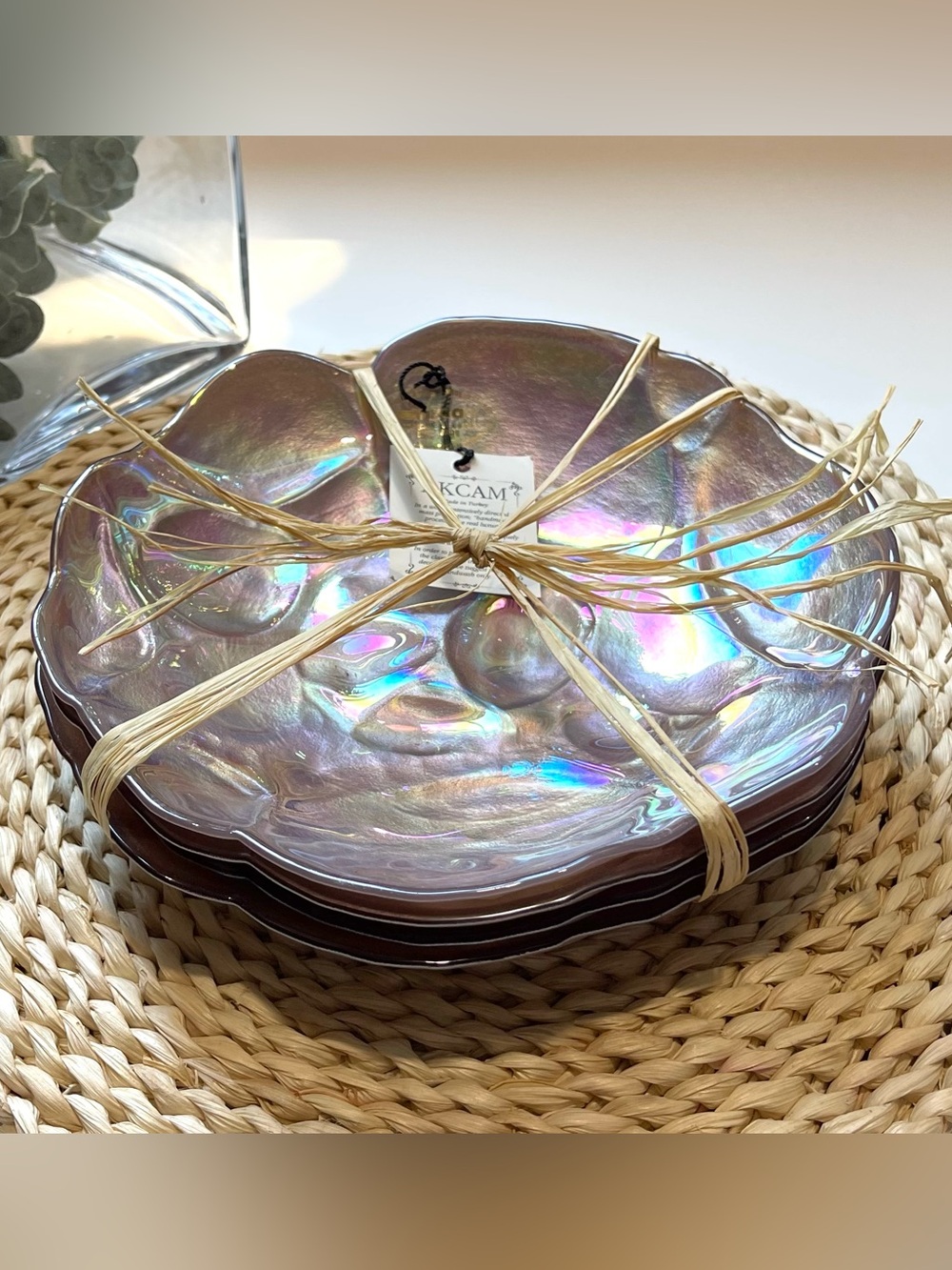 Akcam Iridescent Shell Glass Serving Plate/Bowl 8” Pearl Purple Finish Set of 4